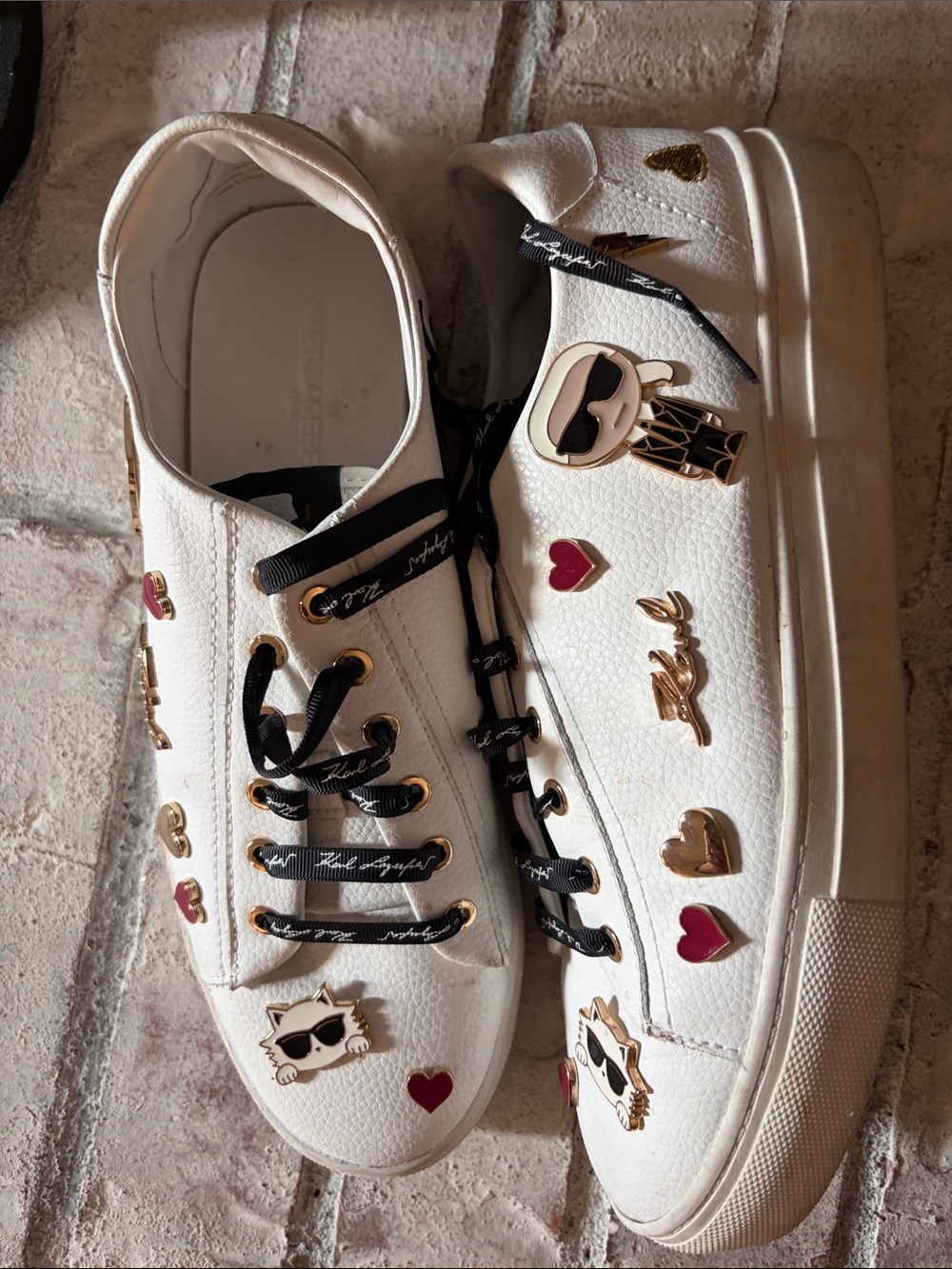 Karl Lagerfeld White Embellished Women's Sneakers Gold and red charms sz 41